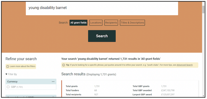 A Screenshot of the GrantNav website showing search results for "young disability barnet"