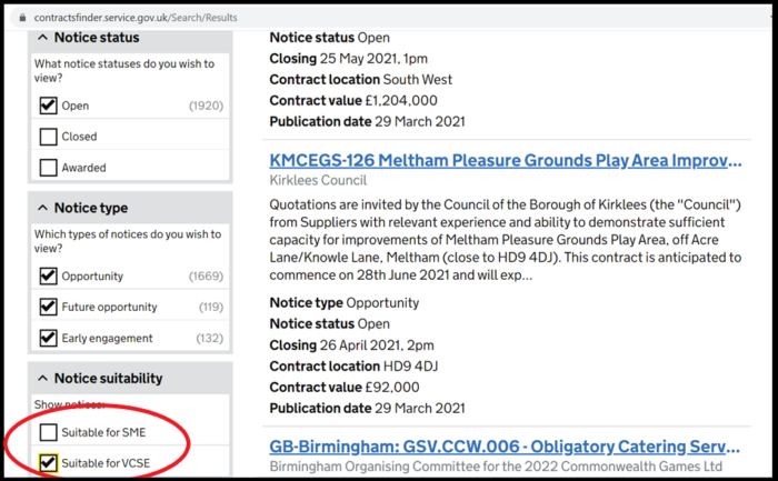 A screenshot of the Charity Commission website: Contracts Finder showing you should select the filter of “Notice Suitability” equal to “Suitable for VCSE”