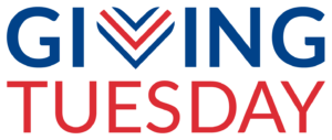 'Giving Tuesday' lettering in capitals, Blue and red colour. The 'v' of Giving is blue, red and white striped.