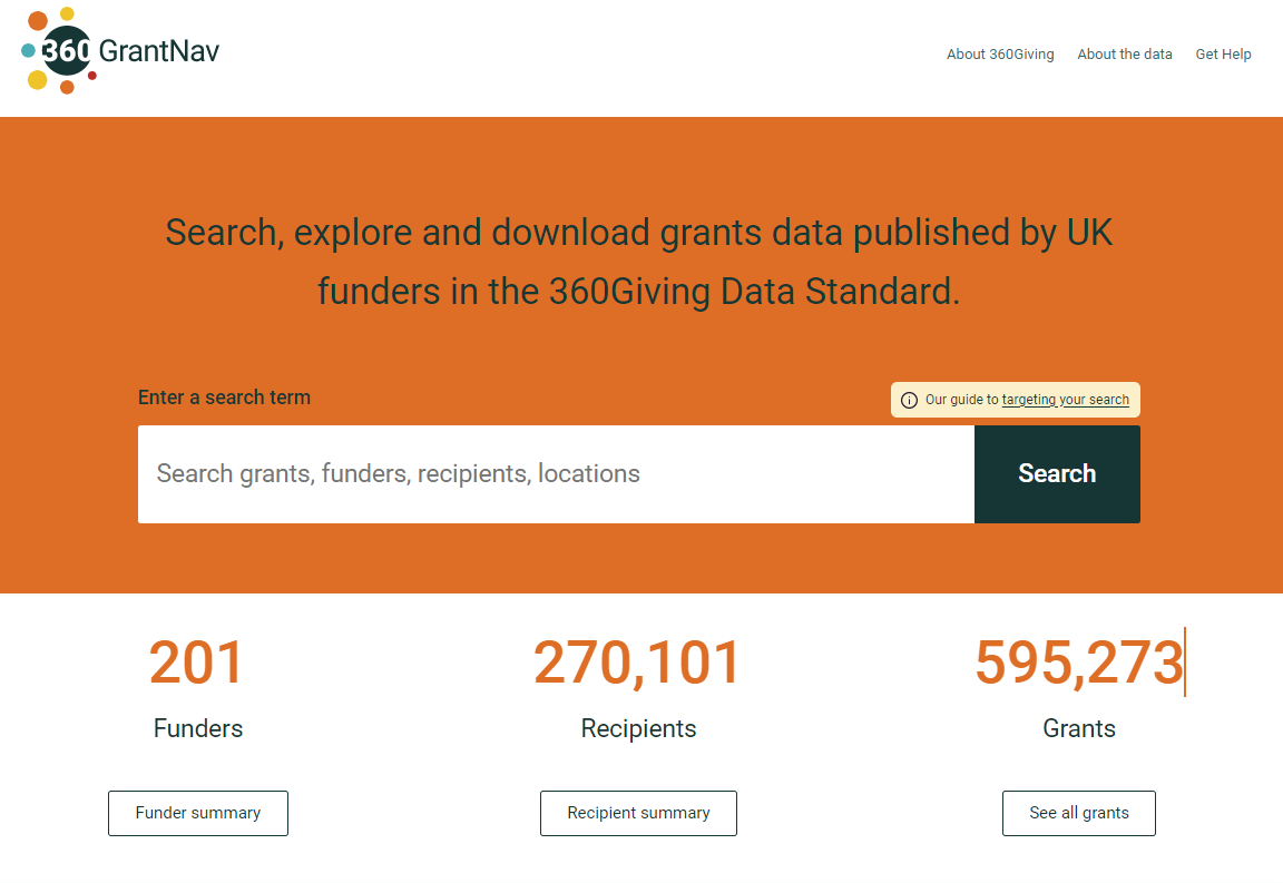 Screenshot of GrantNav. Shows 201 funders, 270,101 recipients and 595,273 grants can be explored using the tool