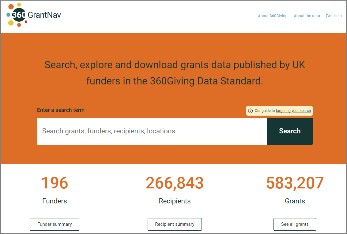 Screenshot of 2021 GrantNav search page. Orange with white search box and new 360Giving logo. Text reads: 196 funders, 266,843 recipients and 583,207 grants.
