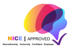 NICE Kitemark logo. Text reads NICE approved. Neurodiversity, Inclusivity, Confident, Employers