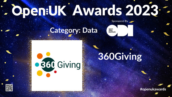 OpenUK Awards 2023 graphic - Data category won by 360Giving