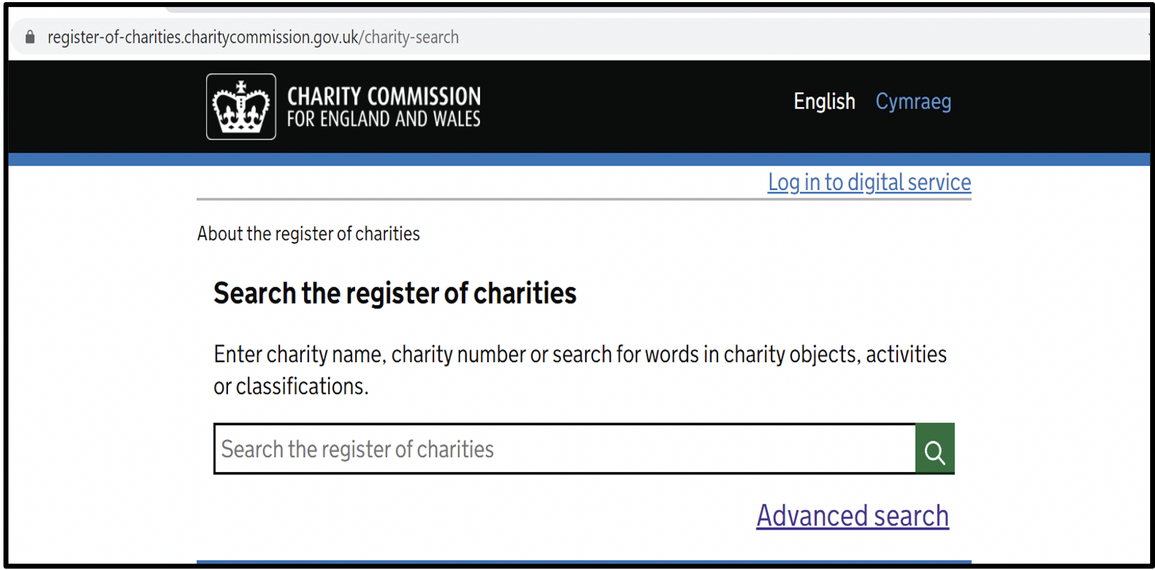 A screenshot of the Charity Commission website page: Search the Register of Charities