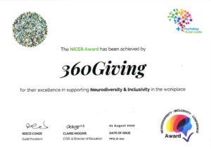 Certificate of the NICER Award provided to 360Giving for excellence in supporting neurodiversity and inclusion in the workplace.