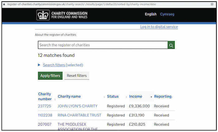 Screenshot of Charity Commission webpage: 'Search the register of charities' showing additional search terms and filters