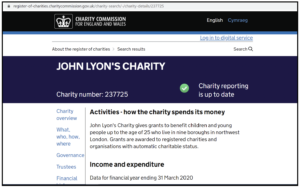 Screenshot of Charity Commission's Charity Search webpage showing John Lyon's Charity