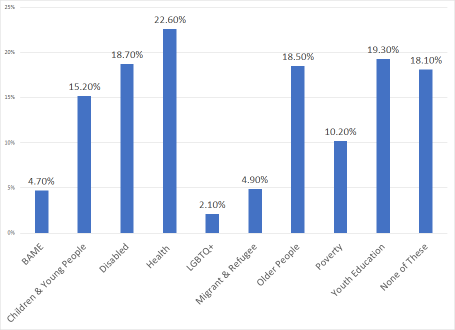  Bar chart showing percentage of spend by group of the Bridging Divides 2018-2020 grant programme. Health was highest at 22.6% whilst LGBTQ+ was lowest at 2.1%.